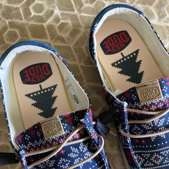 LIKE NEW! Hey Dude Wendy Ugly Sweater women’s slip-ons in ‘Navy/Red/White’ - Picture 7 of 12